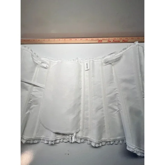 White Brocade Corset Bustier Lace Trim Ribbon Tie Boned Cincher Wtchycore Small - Picture 6 of 7